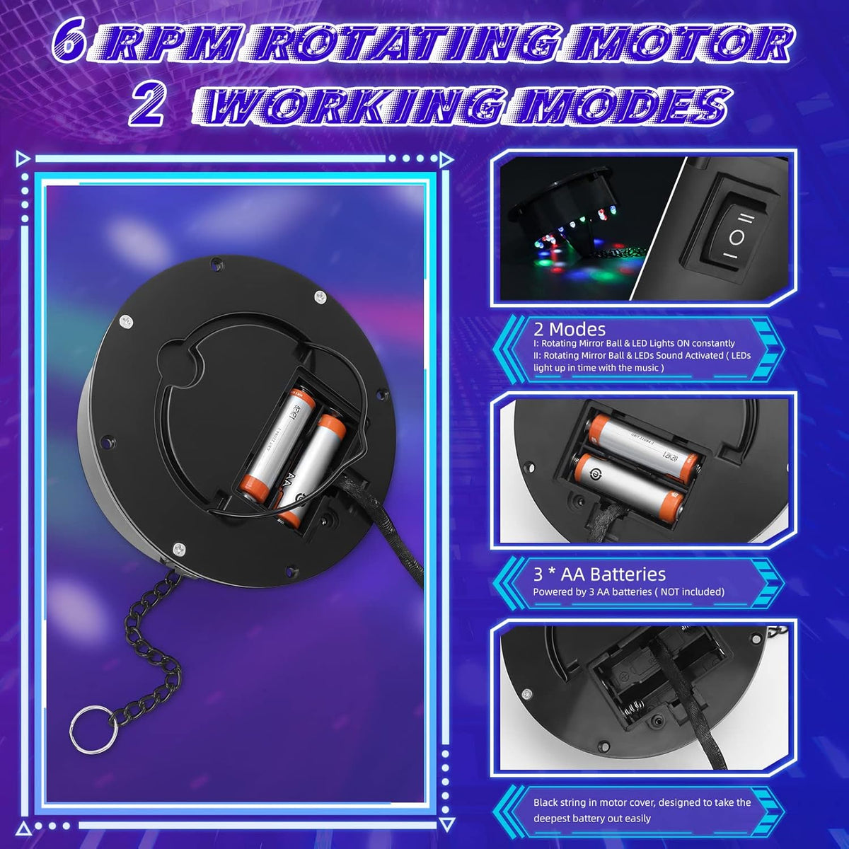 Disco Ball with Motor and Light, 8" Hanging Mirror Ball and 6RPM Batteries Powered Rotating Motor