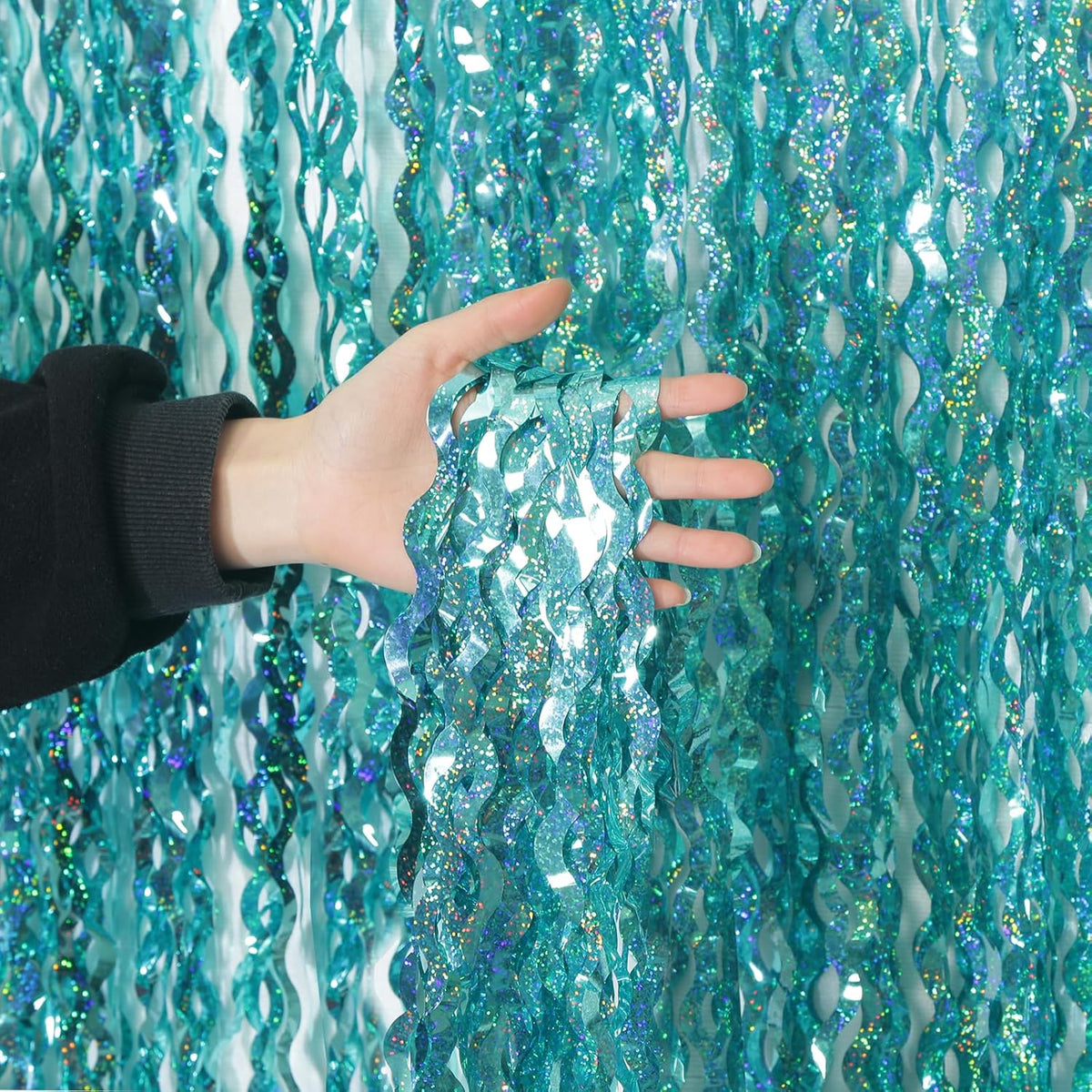 4 Pack 3.3 ft x 6.6 ft Wavy Sparkle Aqua Teal Blue Foil Curtain - Water Blue Foil Streamers for