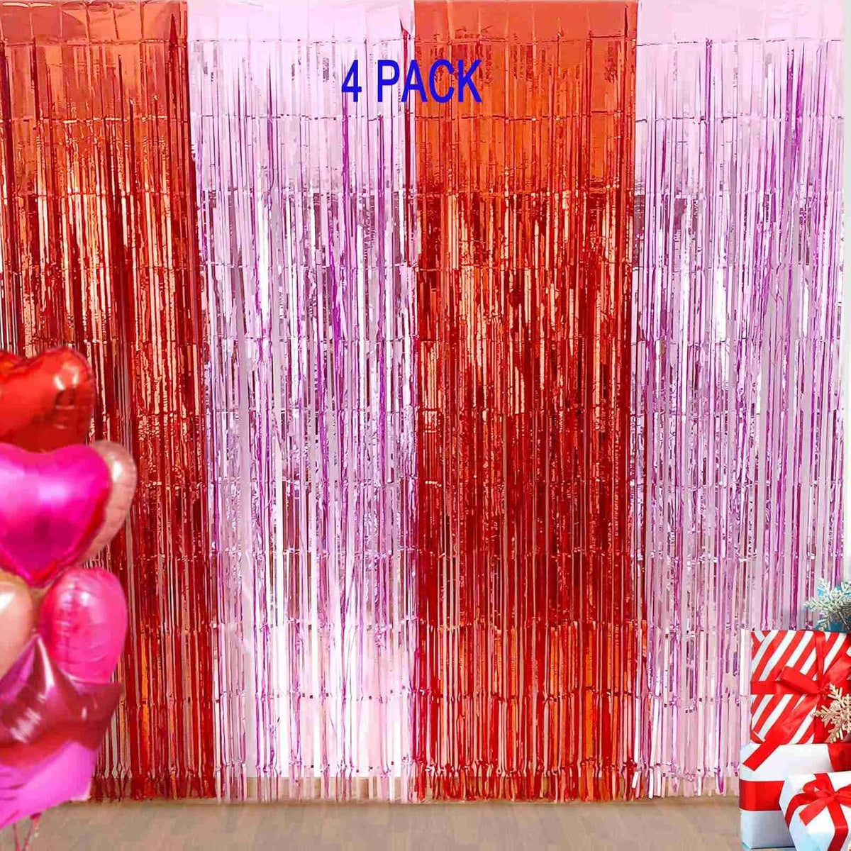 Valentines Backdrop Decorations - 4 Pack of 3.2x8.2ft Red Pink Foil Fringe Curtains Streamers