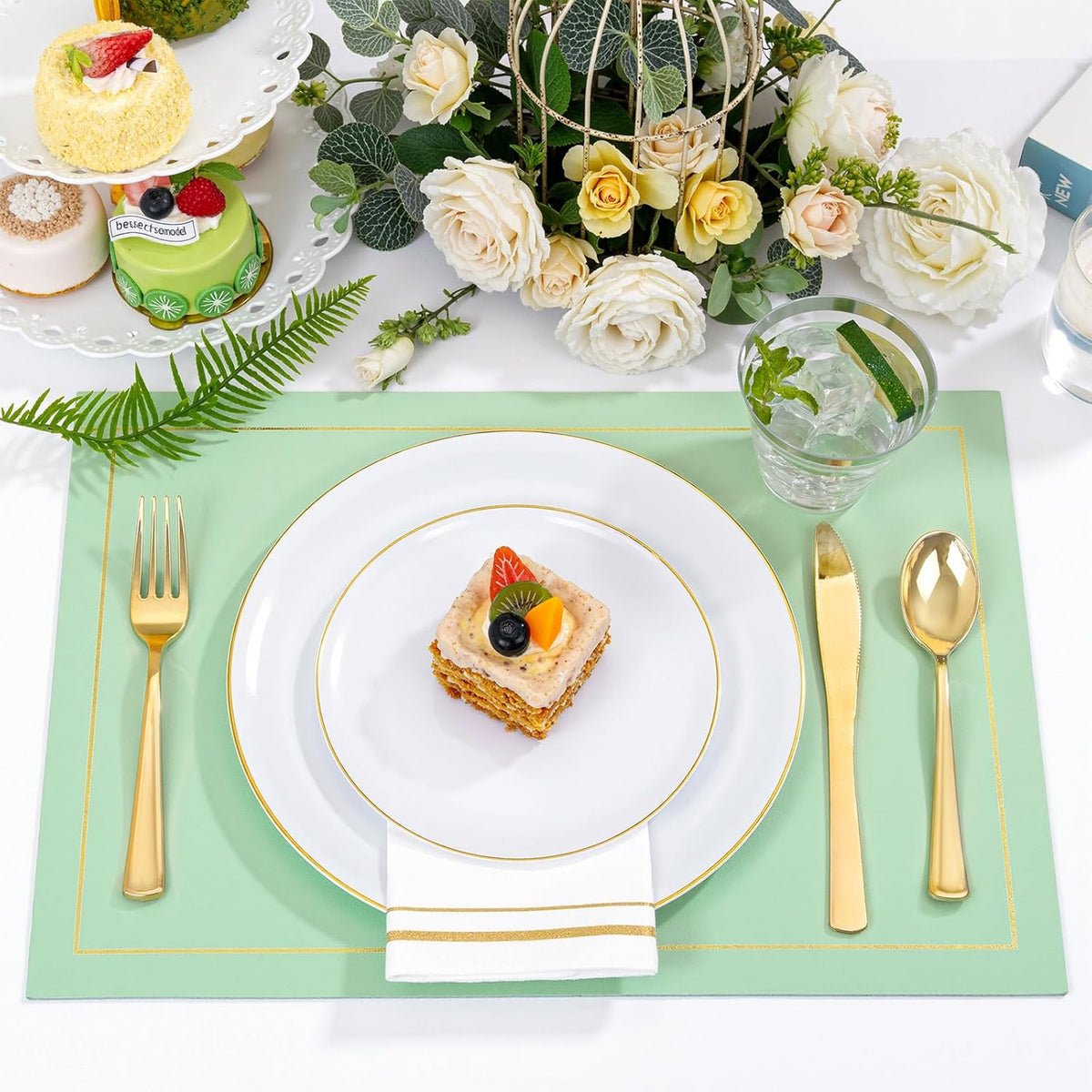 Festiva 350Pcs Gold Plastic Plates - White and Gold Dinnerware Set Disposable include 10" & 7"