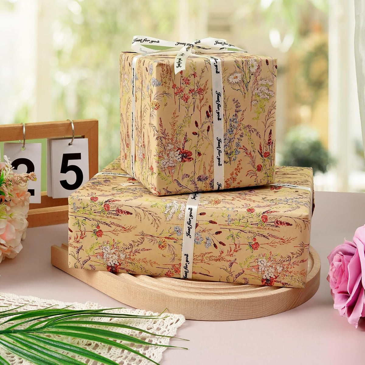 Tyzarglef Wild Flower Wrapping Paper Roll, 17 Inches x 32.8 Feet Kraft Floral Design Wrapping Paper