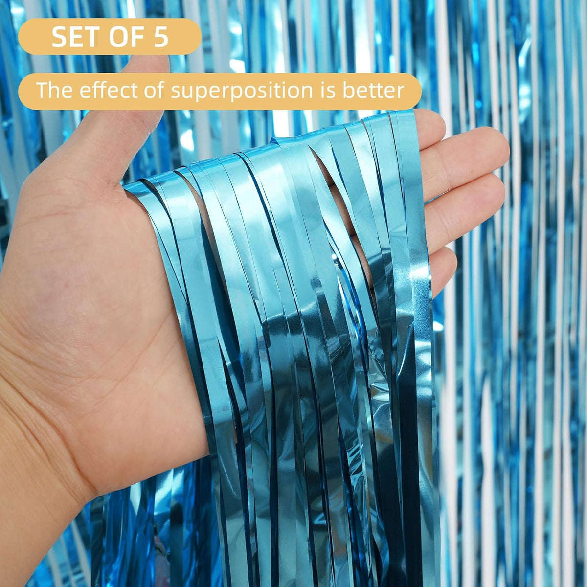 5 Pack Blue Fringe Backdrop 3.2ft x 8.2ft Teal Blue Foil Fringe Curtains Party Tinsel Curtain