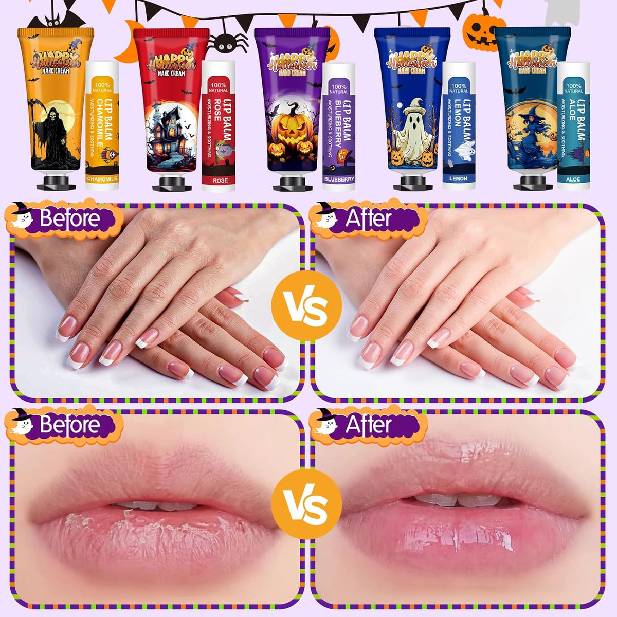 VESPRO 50 Pack Halloween Hand Cream and Lip Balm Set, Bulk Halloween Gifts with Halloween Cards and