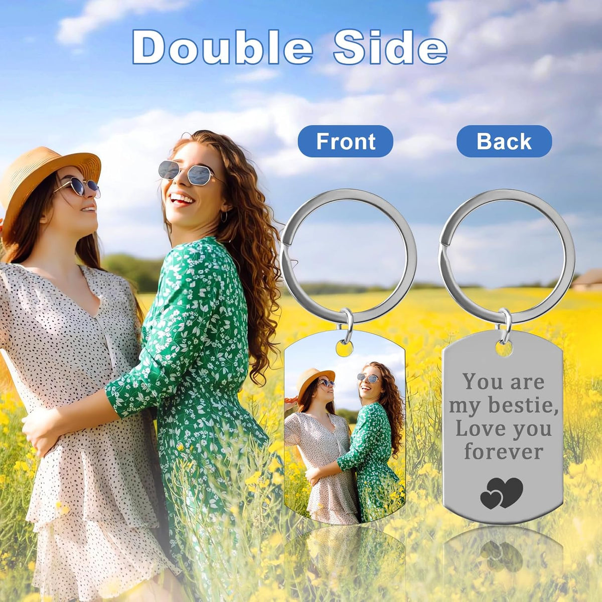 Double Side Custom Keychain with Picture Personalized Engraving Photo Text Customized Gifts for Men