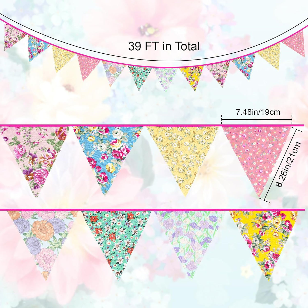 jijAcraft 39Ft Triangle Bunting Banner, 42Pcs Tea Floral Party Bunting Cotton Fabric Flags Pennant