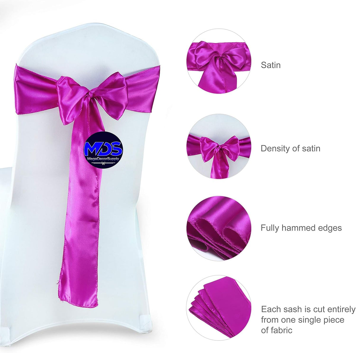 MDS Pack of 300 PCS Satin Chair Sashes Charmeuse Sateen Dining Chair Bows Ribbon Ties Back Sash for