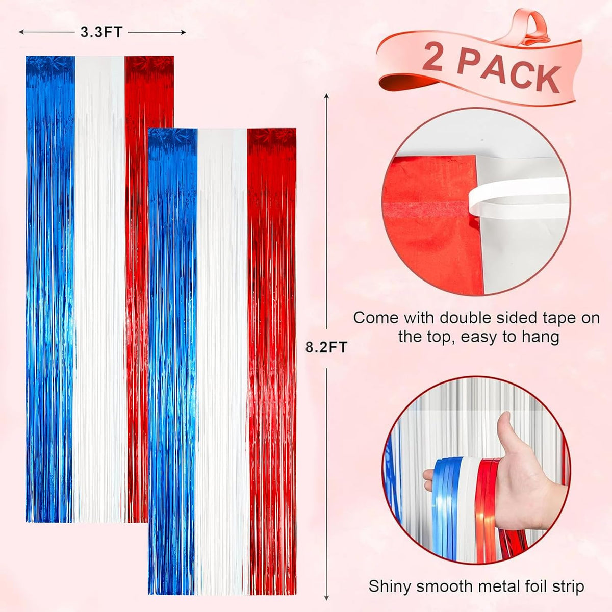 2 Pack Red White and Blue Foil Fringe Backdrop Curtains, Tinsel Streamers Party Decorations, Fringe
