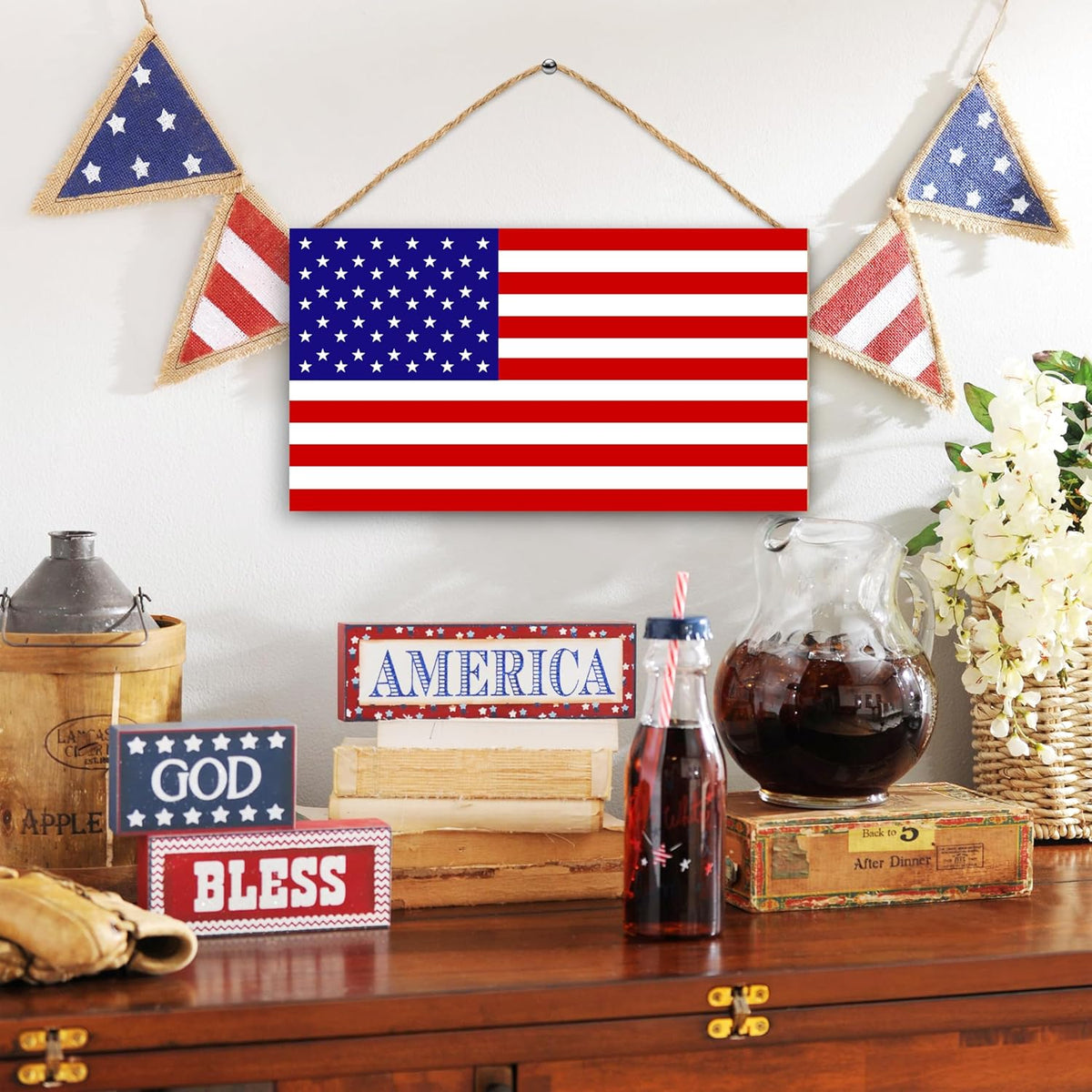 American Flag Door Hanging Sign，Farmhouse Patriotism Artwork Decorations Signs, Framed Indoor