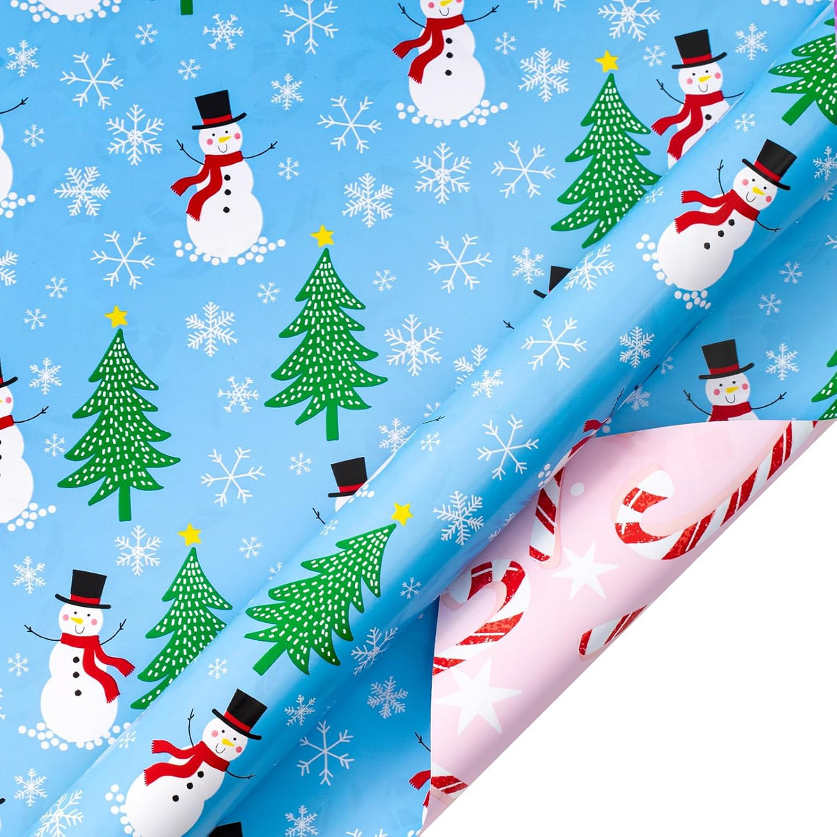 LeZakaa Christmas Wrapping Paper for Kids, Mini Roll, Red Truck, Snowman Christmas Tree in Blue &