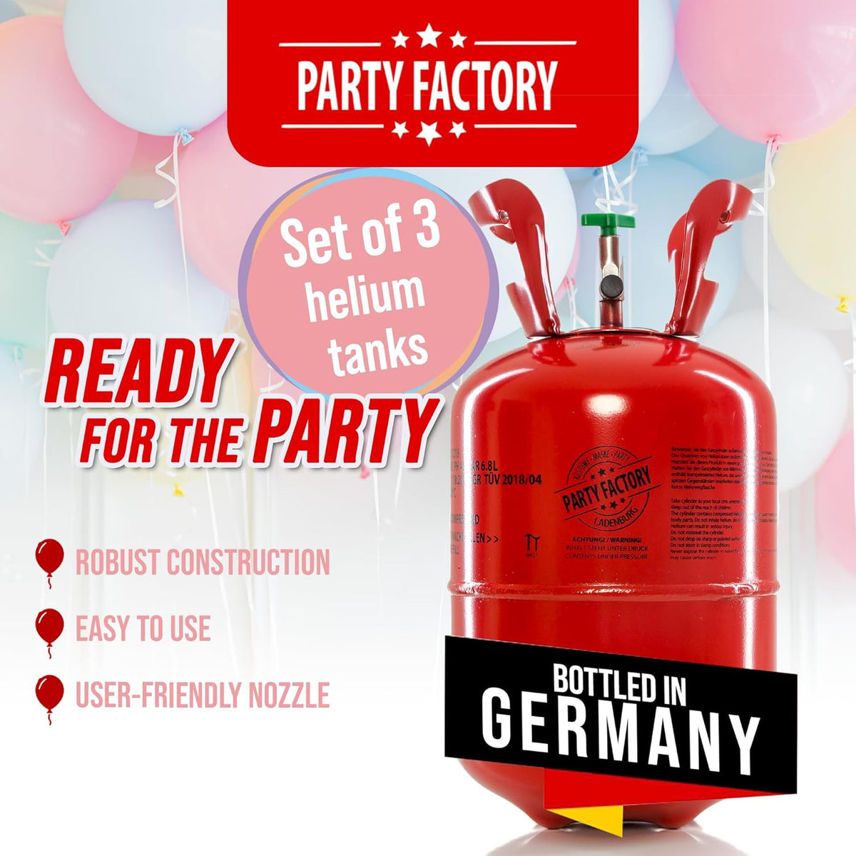 Party Factory set of 3 helium tanks for up to 50 balloons each, 3 helium cylinders with 14.1 cu.