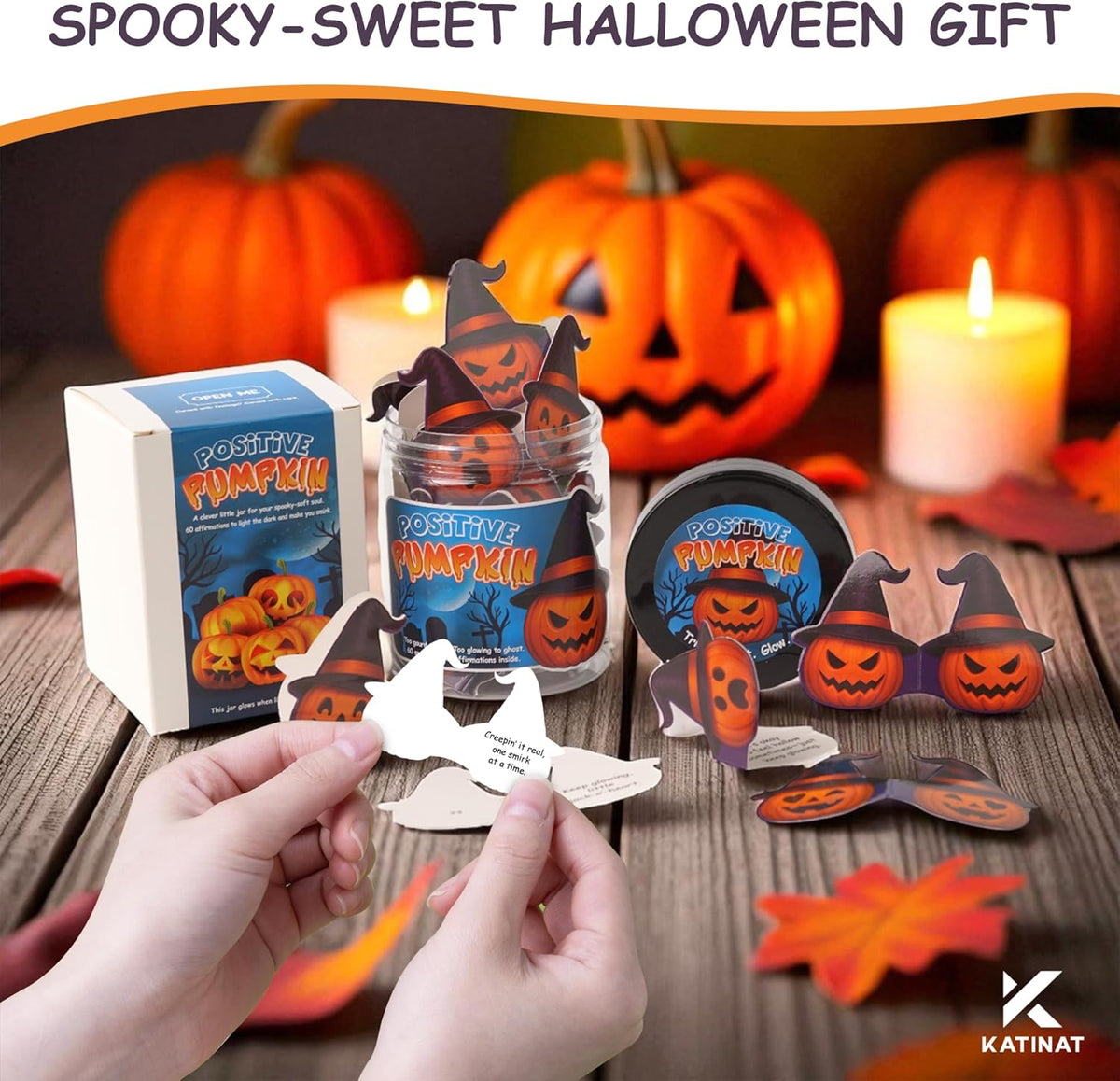 Positive Pumpkin Jar, Affirmation Jar – Halloween Gifts for Kids, Teens, Women – 60 Cute Pumpkin