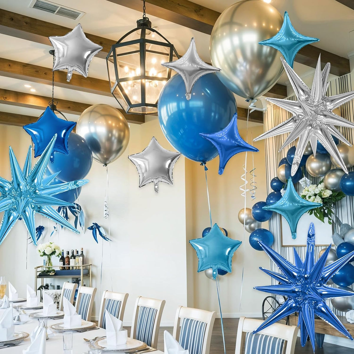 Blue Silver Star Balloon,16Pcs Star Foil Balloons Set with 22Inch Explosion Spike Cone Balloons and