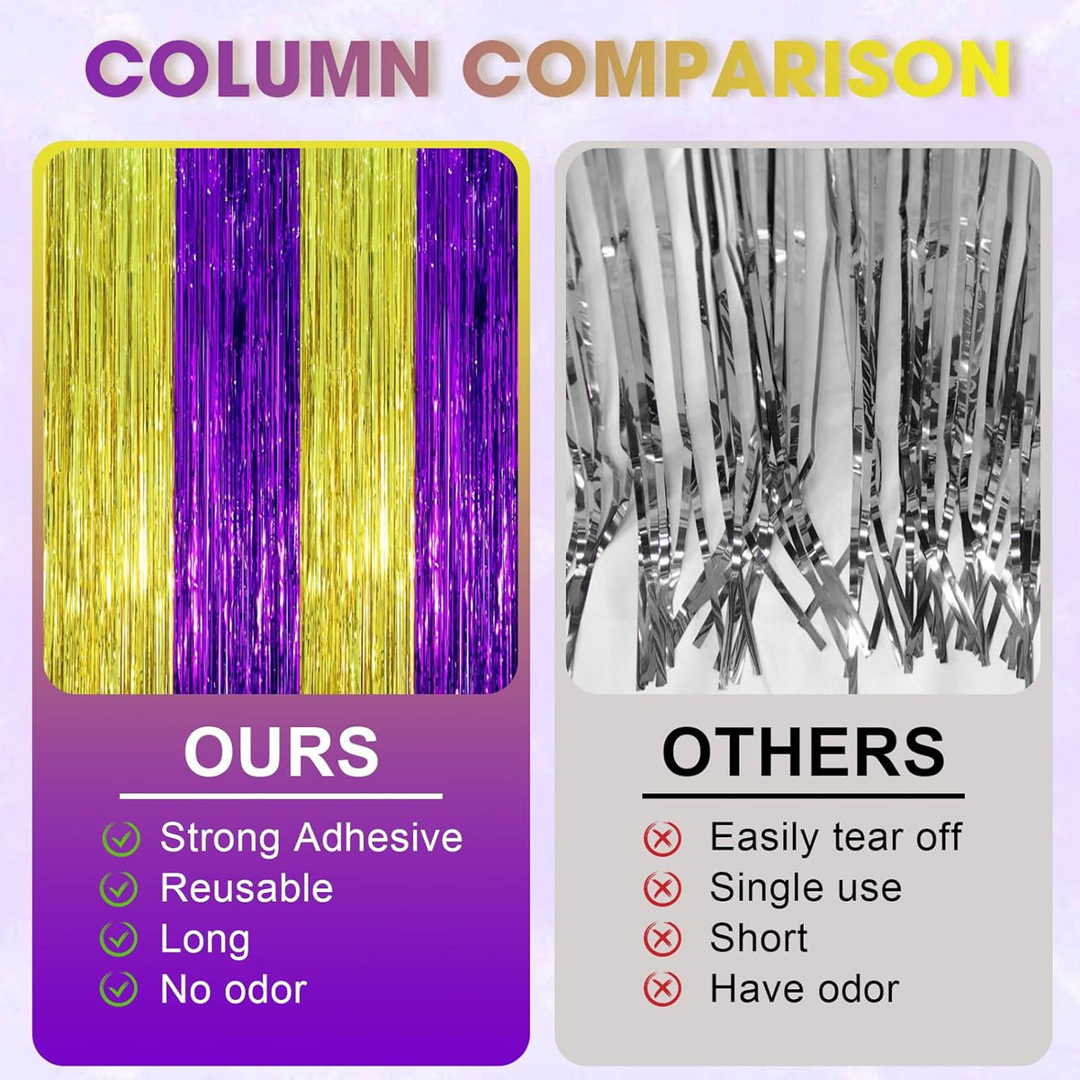 2 Pack Purple and Gold Foil Fringe Backdrop Curtains, Tinsel Streamers Party Decorations, Fringe