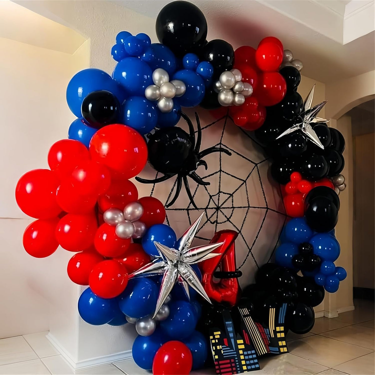 Red Blue Black Balloons, 12 Inch Royal Blue Red Confetti Latex Balloon with Black Helium Balloon