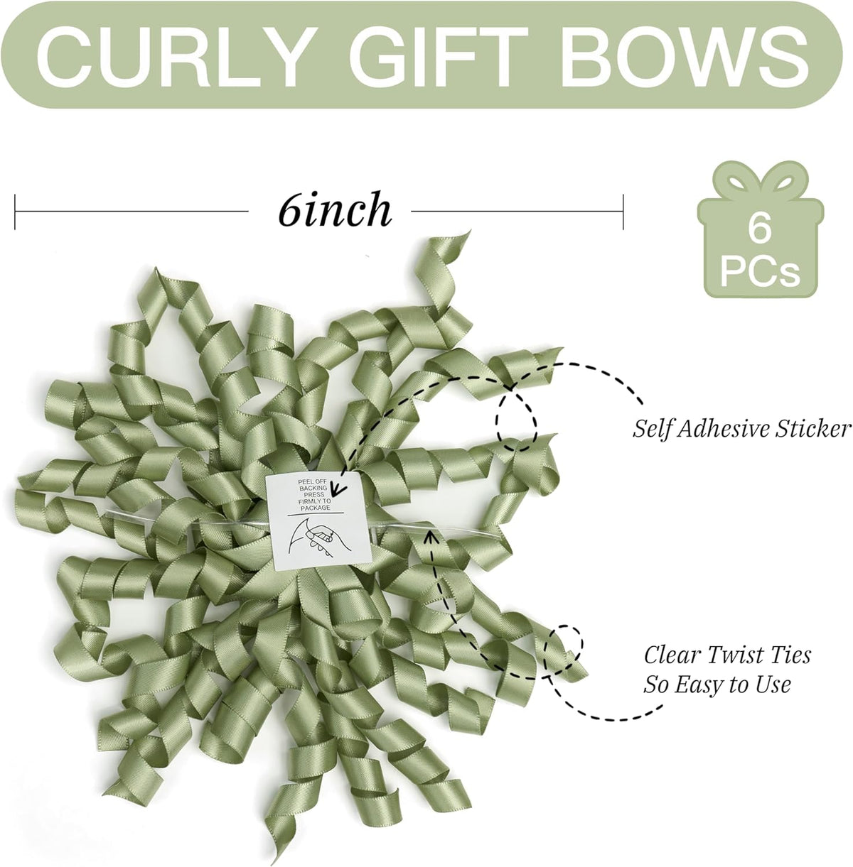 6 Inch Sage Curly Bows for Gift Wrapping Set of 6, Self Adhesive Bows Green Gift Bows for Presents