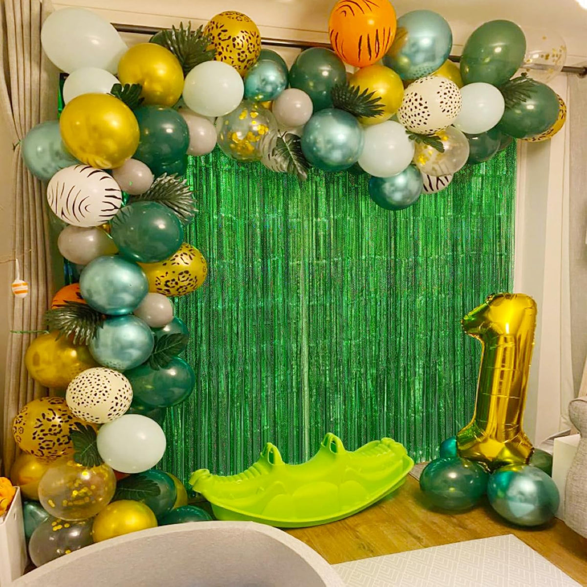 CANREVEL 2 Pack 3.3x8.2 Feet Laser Green Foil Fringe Backdrop Curtains, Tinsel Streamers Birthday