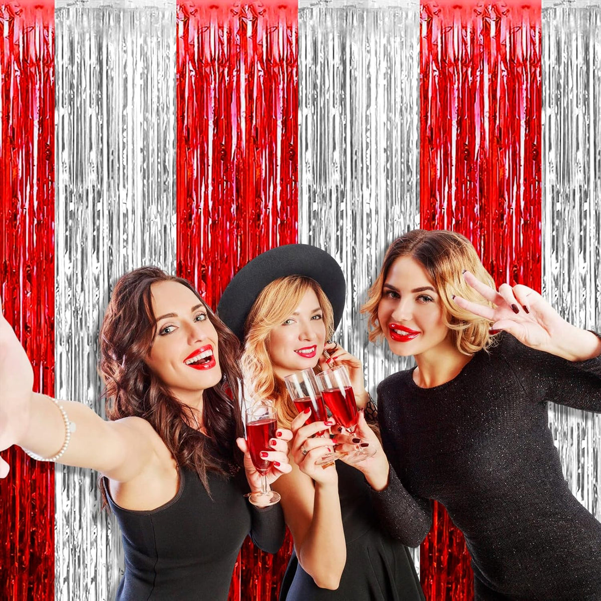 4 Pack Silver Red Foil Fringe Curtain Backdrop, 3.28Ft x 9.8Ft Metallic Tinsel Foil Fringe