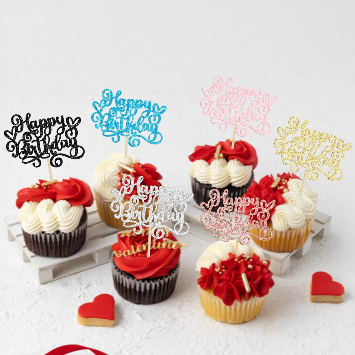 Gyufise 24Pcs Happy Birthday Cupcake Toppers Glitter Happy Birthday Cupcake Picks for Celebrating