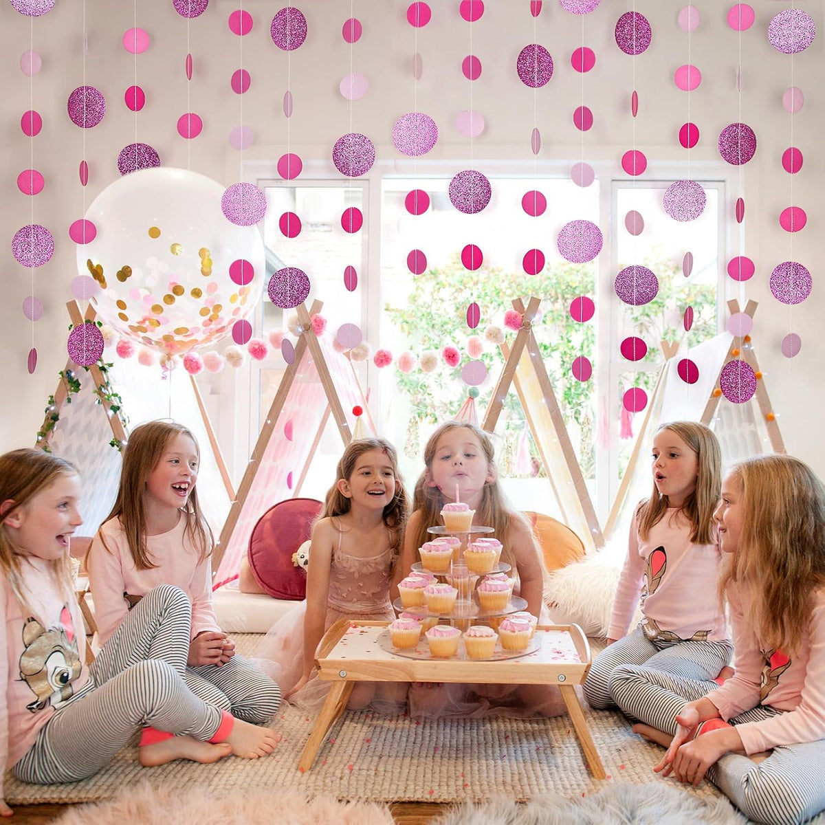 8 Pack Pink Glitter Dot Garland, Hanging Circle Streamers Banner, Backdrop Hanging Decorations for