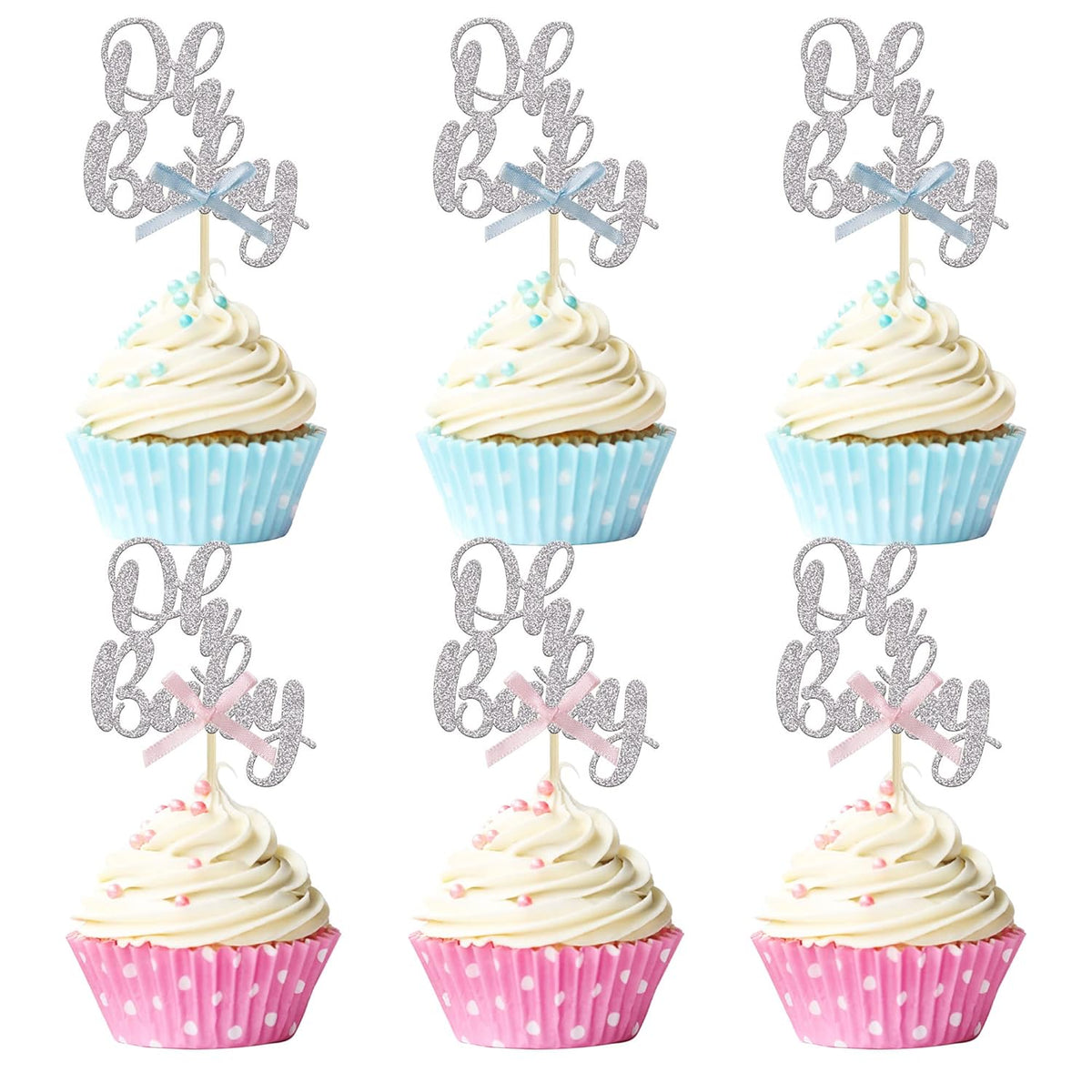 Gyufise 36Pcs Oh Baby Cupcake Toppers with Blue Pink Bowknot Silver Glitter Baby Shower Cupcake