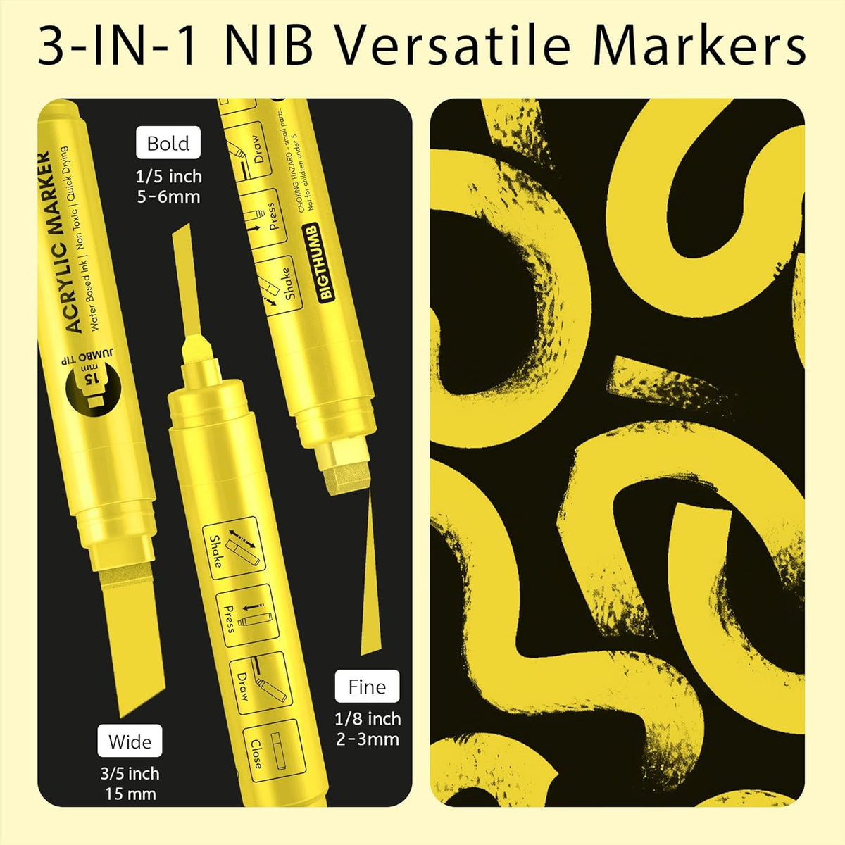 3 Pcs Yellow Jumbo Permanent Markers: 15mm Wide Tip Thick Acrylic Paint Pen Large Calligraphy