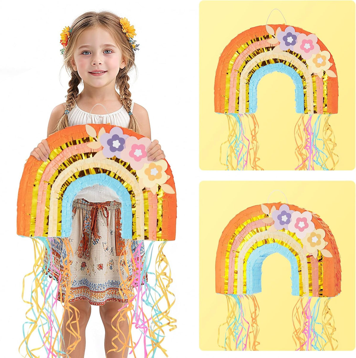 WERNNSAI Rainbow Pinata - Rainbow Pull String Pinata with Bundle with Blindfold and Bat for Girls