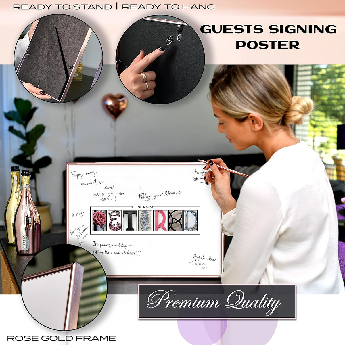 Framed Retirement Decorations Guest Book for Womens 12"x16" Rose Gold Frame - Window Cut Design