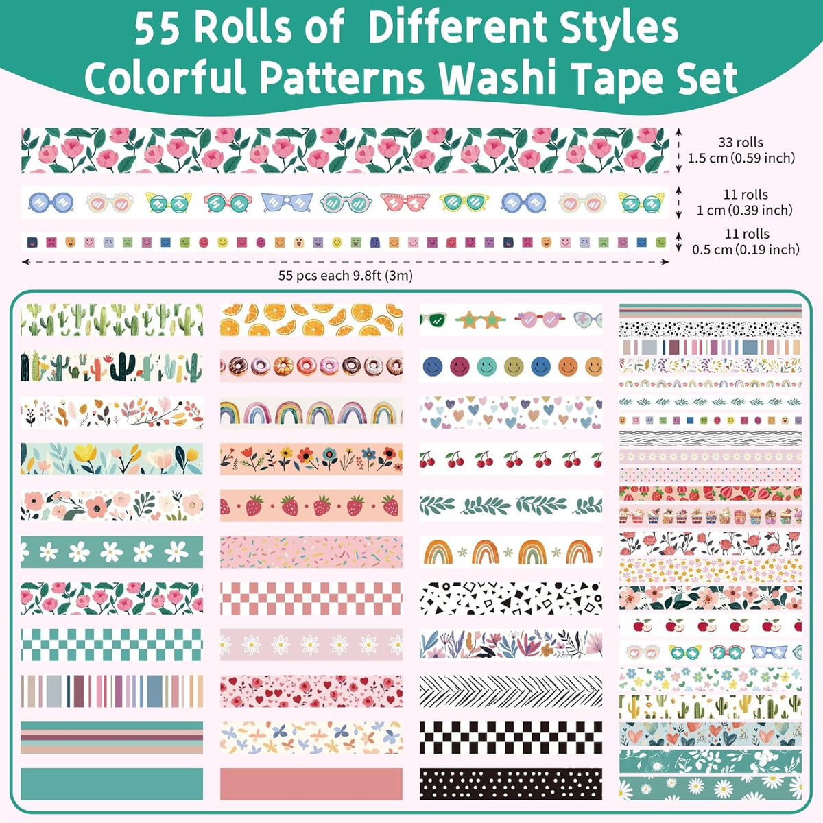 55 Rolls Holiday Washi Tape Set - Decorative Tape Seasonal Bohemian Colored Tape, Cute Washi Tapes