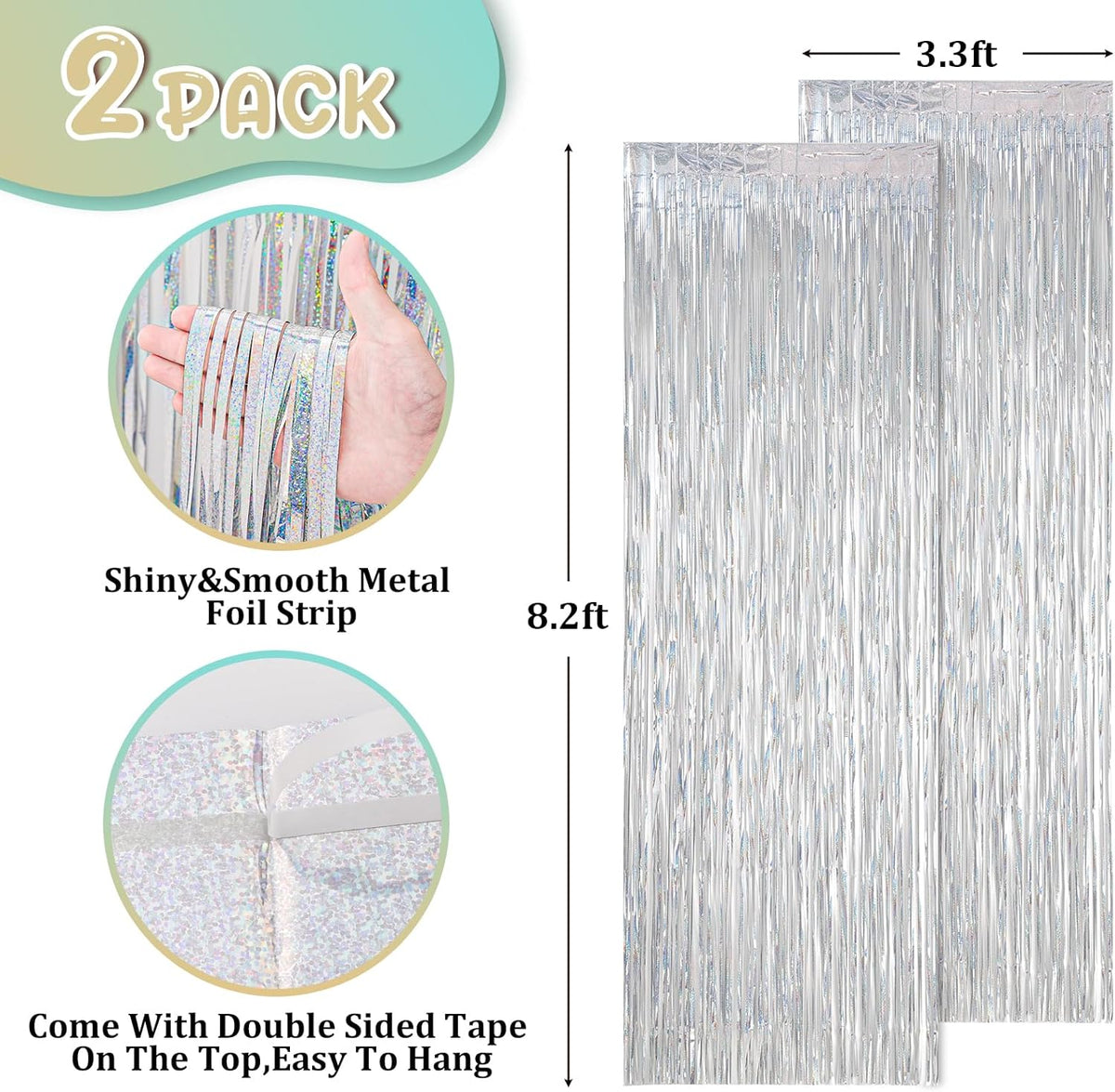 2 Pack Laser Silver Foil Fringe Backdrop Curtains, Tinsel Streamers Birthday Party Decorations