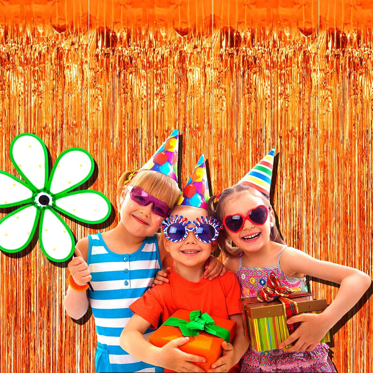 4 Pack Orange Foil Fringe Curtain Backdrop, 3.28Ft x 9.84Ft Metallic Tinsel Foil Fringe Streamers