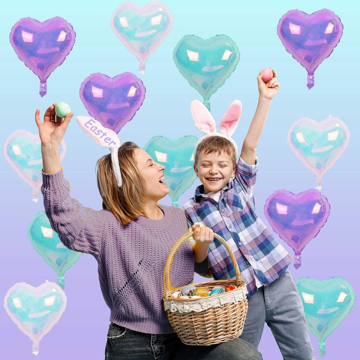 Iridescent Heart Balloons, 12Pcs 18Inch Transparent Crystal Heart Foil Balloon, Gradient Iridescent