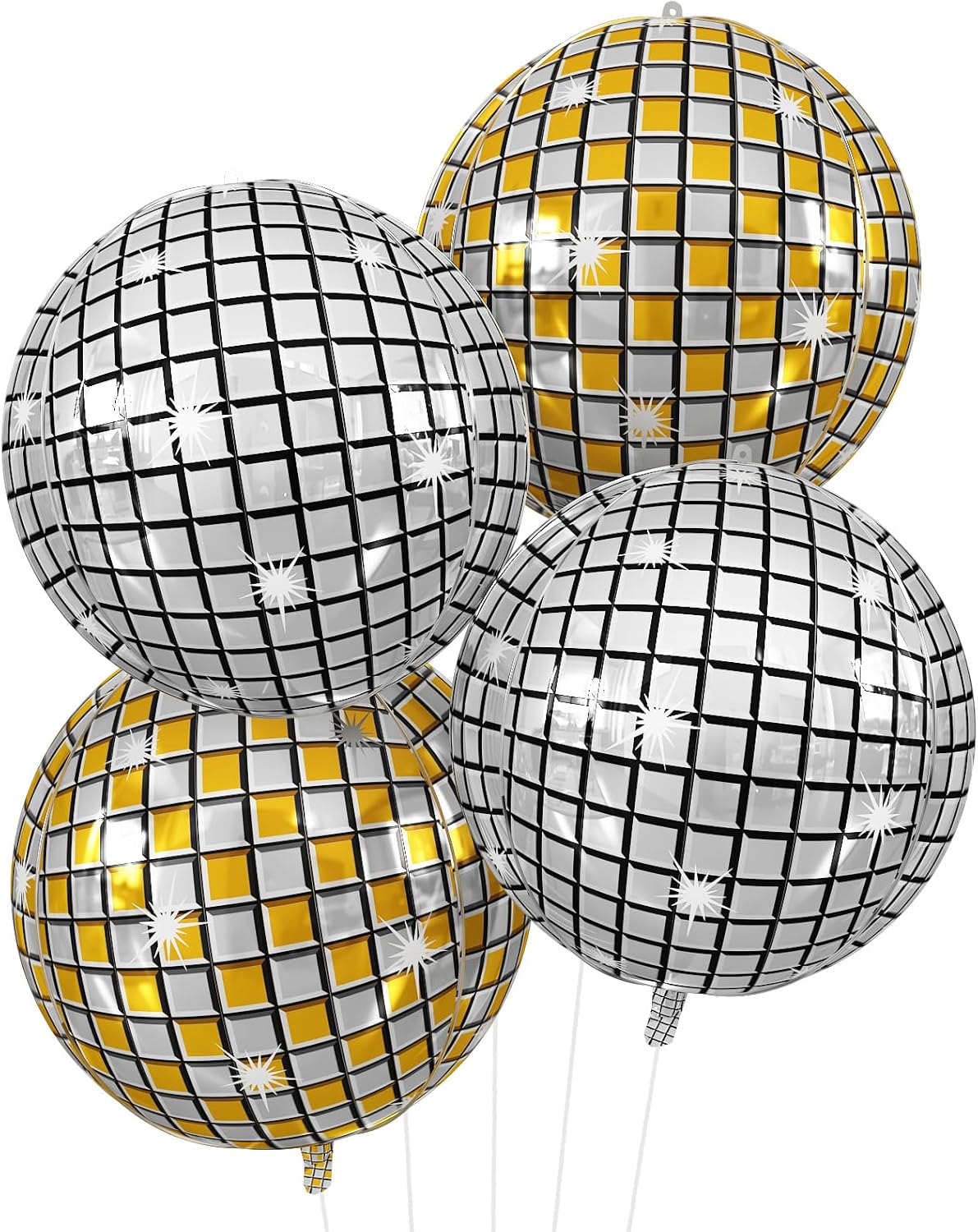 Disco Ball Balloons Gold Silve 4PC,Foil Disco Balloons 22 Inch 4D Round Metallic Gold Silver