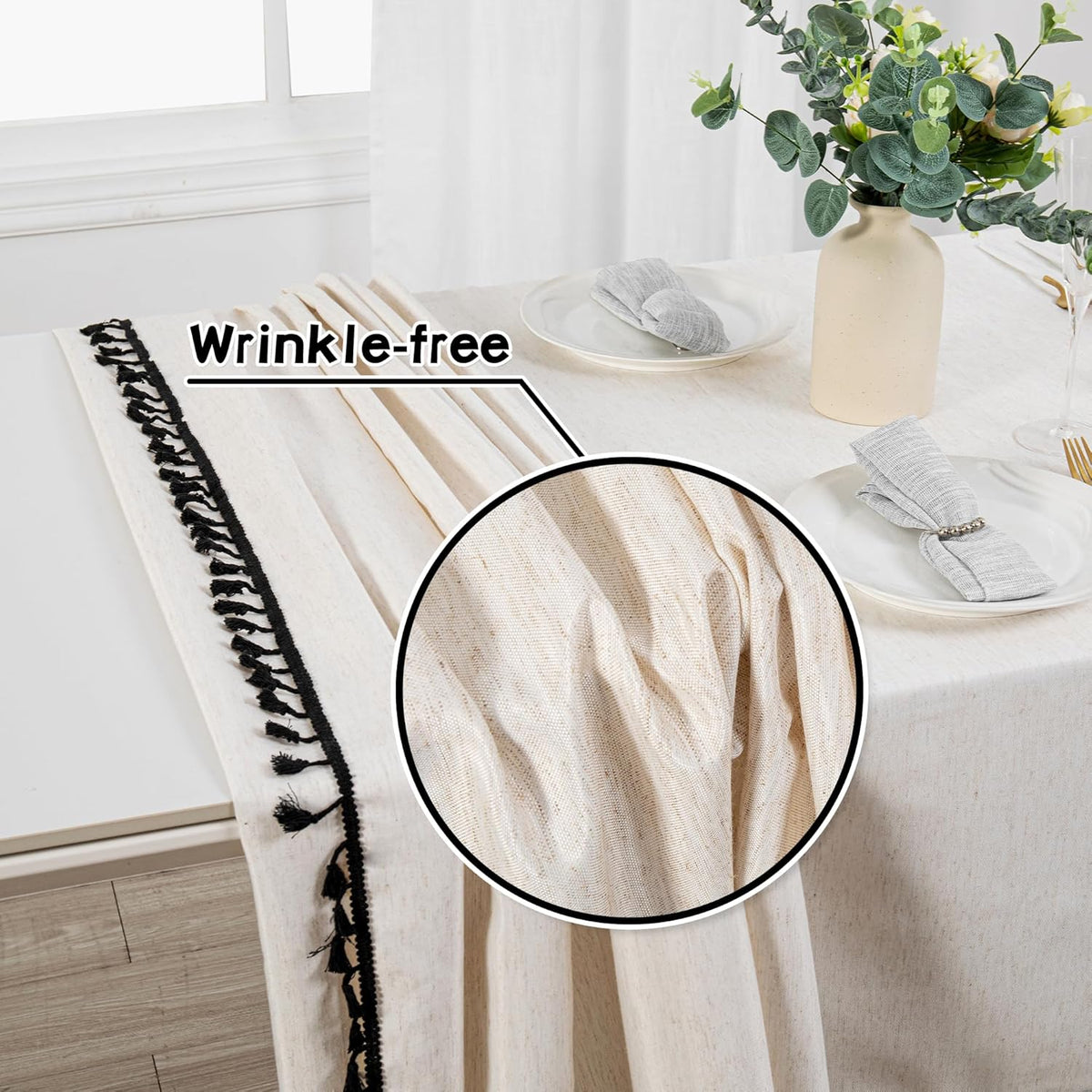 MYSKY HOME Table Cloth 60x60 in Rectangle Table, Heavy Duty Cotton Tassel Linen Look Waterproof