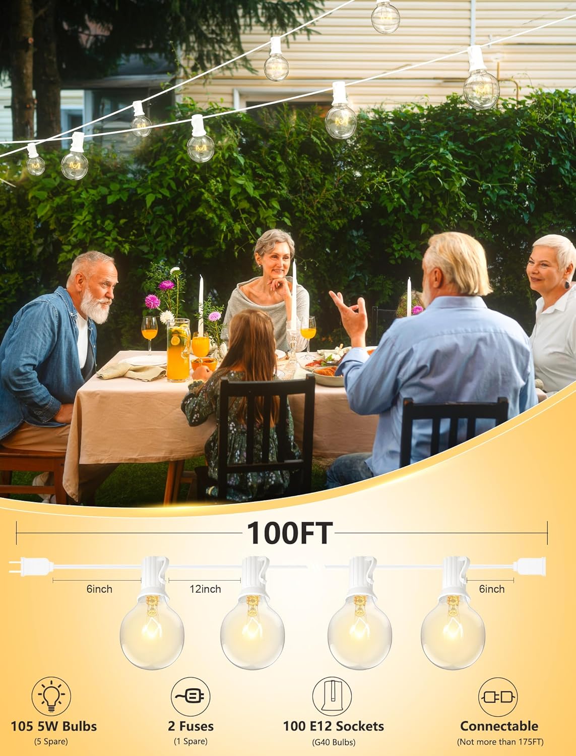 SUNSGNE 100Ft Patio String Lights, G40 Outdoor String Lights with 105 Clear Globe Edison Bulbs(5