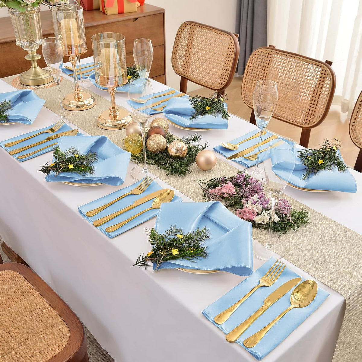 12 Pieces Light Blue Satin Napkins, 17" x 17" Square Table Napkins, Silky Soft Smooth Washable