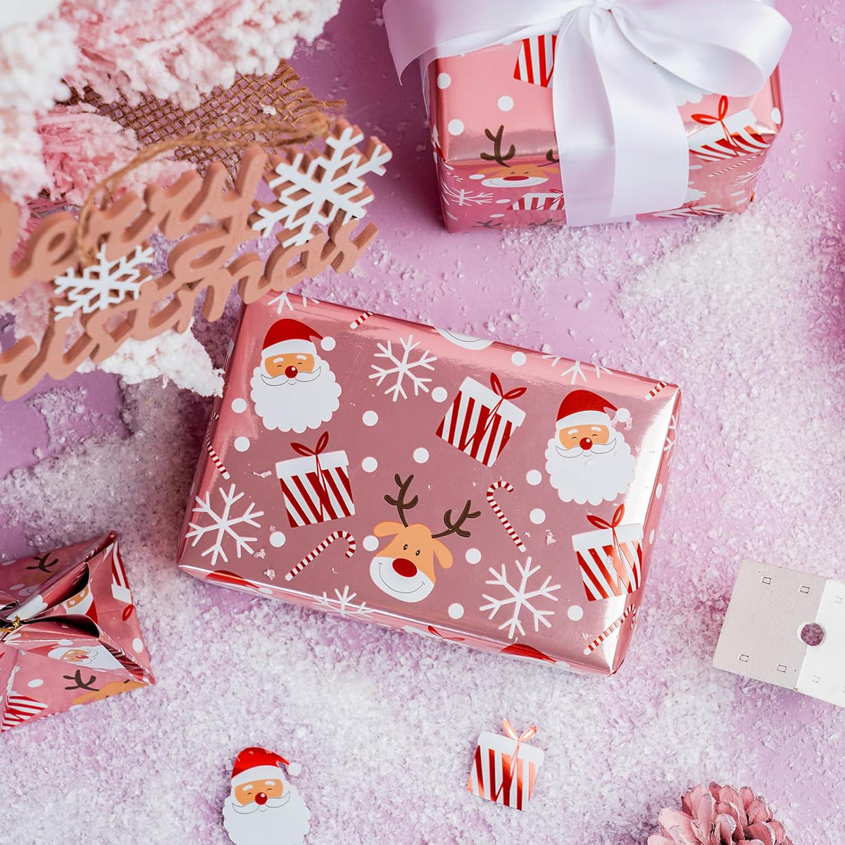 LeZakaa Christmas Pink Wrapping Paper Jumbo Roll, Santa Claus & Candy Cane, Metallic Foil, Rose
