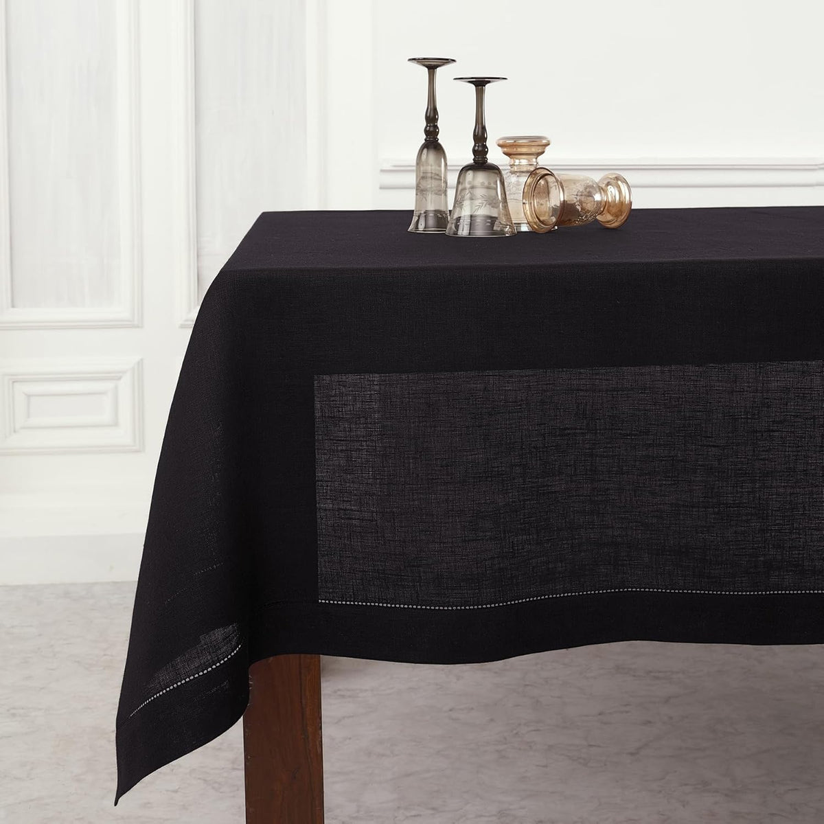 Solino Home Black Linen Tablecloth 52 x 52 Inch - 100% Pure Linen Square Table Throw - Classic