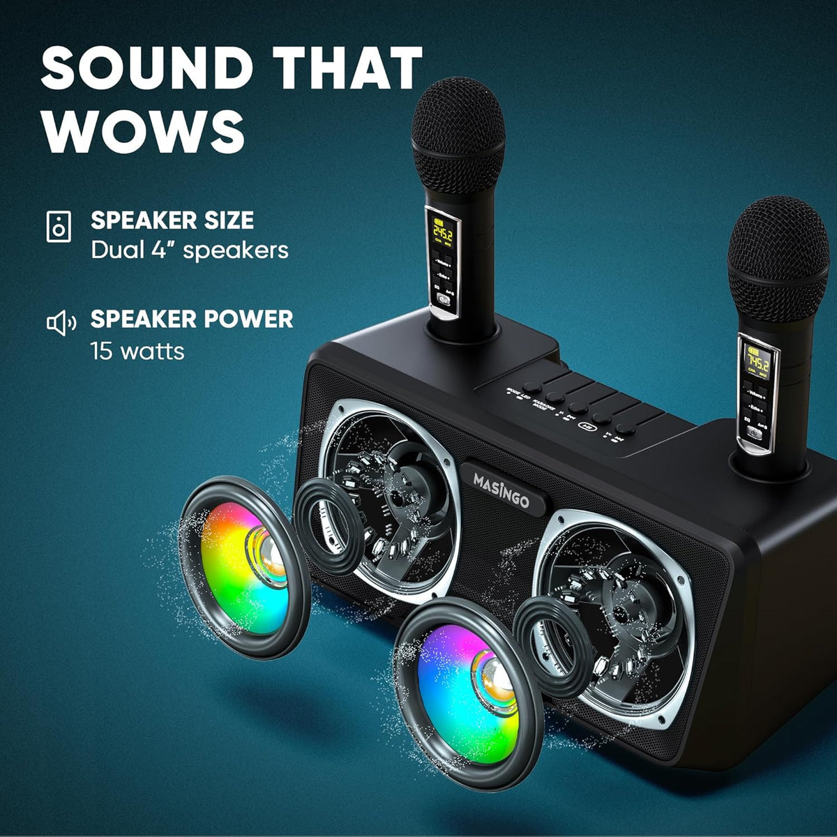 MASINGO Karaoke Machine for Adults and Kids with 2 Wireless Microphones, Portable Bluetooth Singing