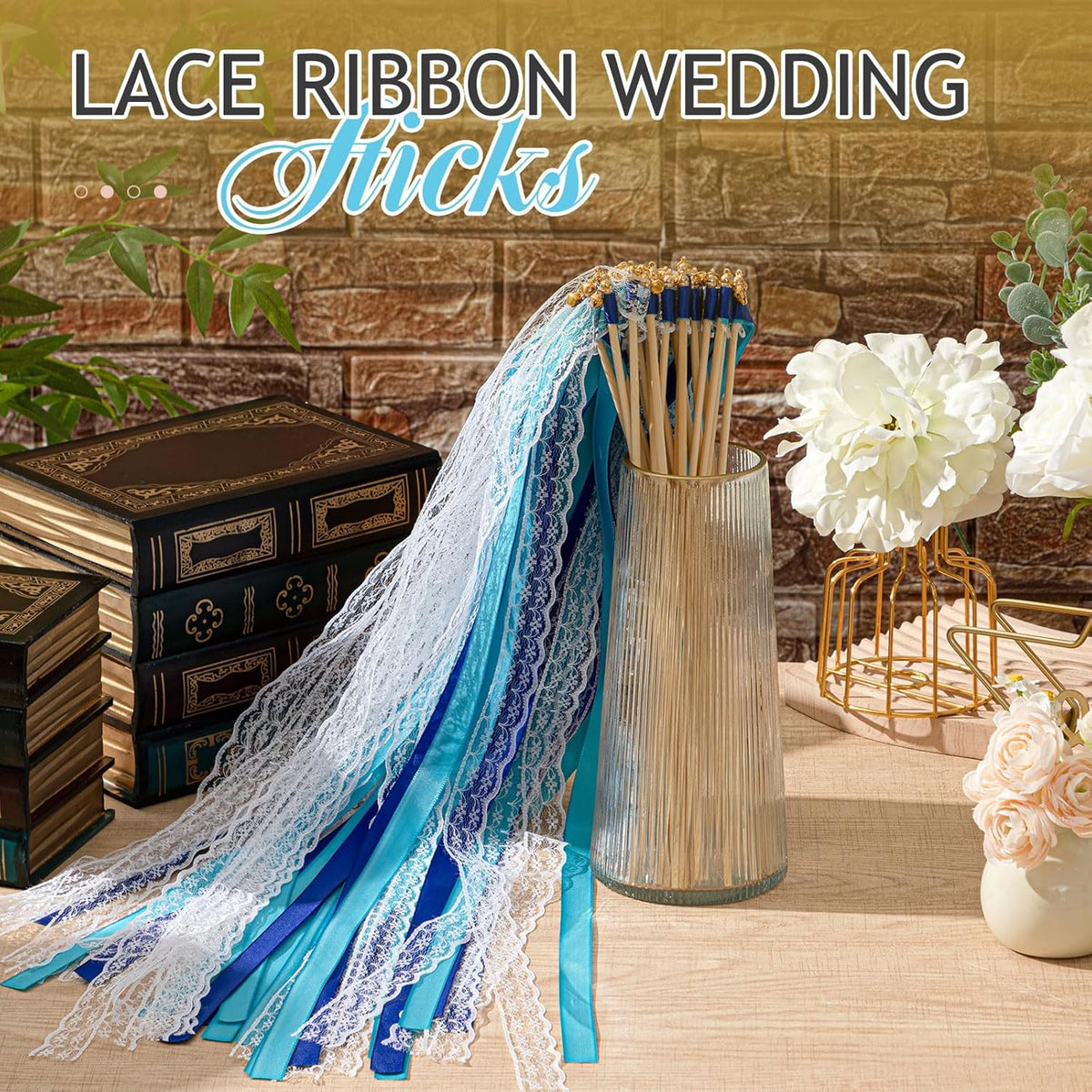Taiyin 150 Pcs Lace Ribbon Stick Wands Wedding Wand Streamers with Bell Silk Ribbon Fairy Wand
