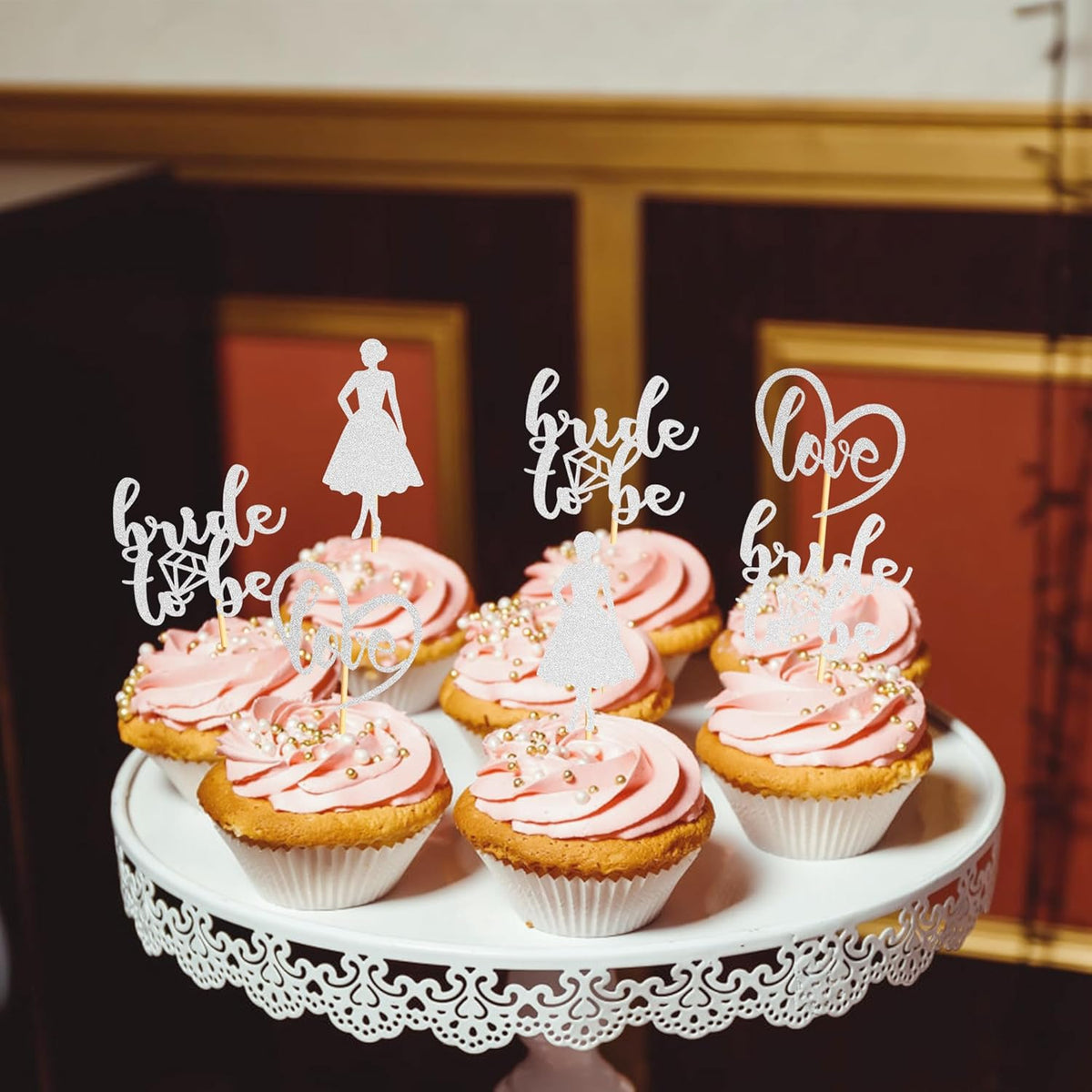 Sotpot 24PCS Bride to Be Cupcake Toppers with Heart Silver Glitter Dress Bridal Shower Cupcake