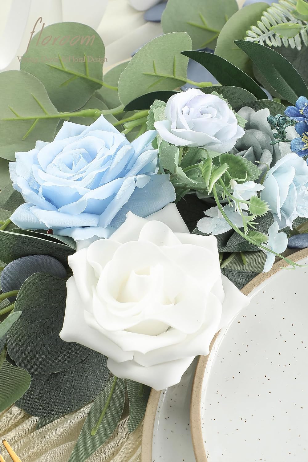 Floroom Dusty Blue Artificial Flowers Powder Blue Fake Roses Peony and Greenery Combo Box Set for