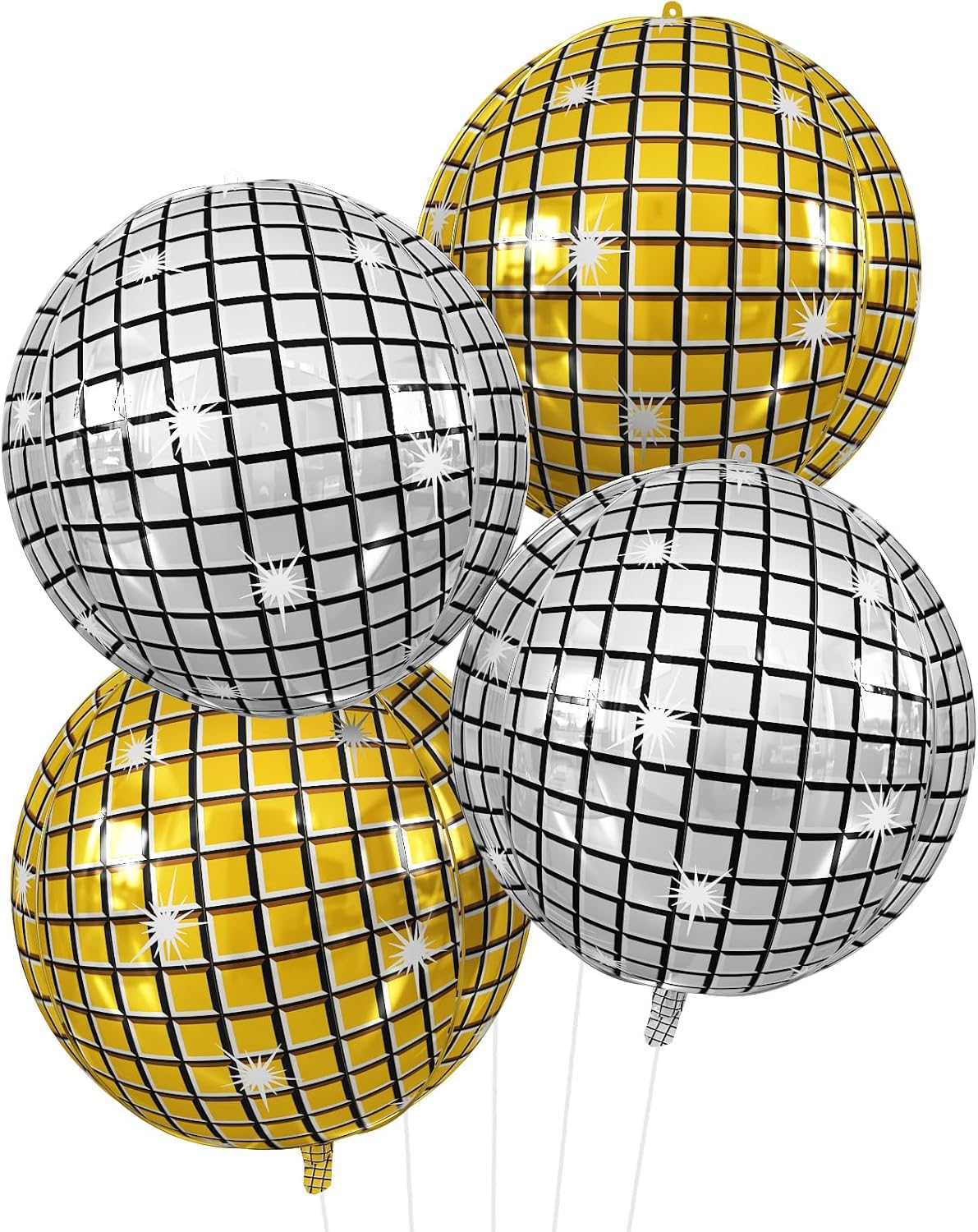 Disco Ball Balloons Gold Silver 4PC,Foil Disco Balloons 22 Inch 4D Round Metallic Gold Silver
