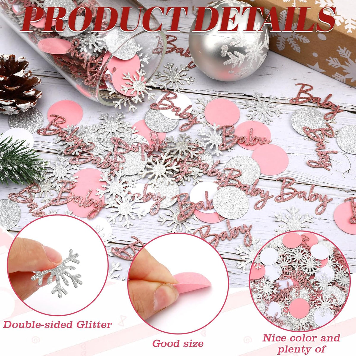MARFOREVER Winter Baby Shower Table Confetti, 200 Pcs Glitter Pink Silver Snowflake Table