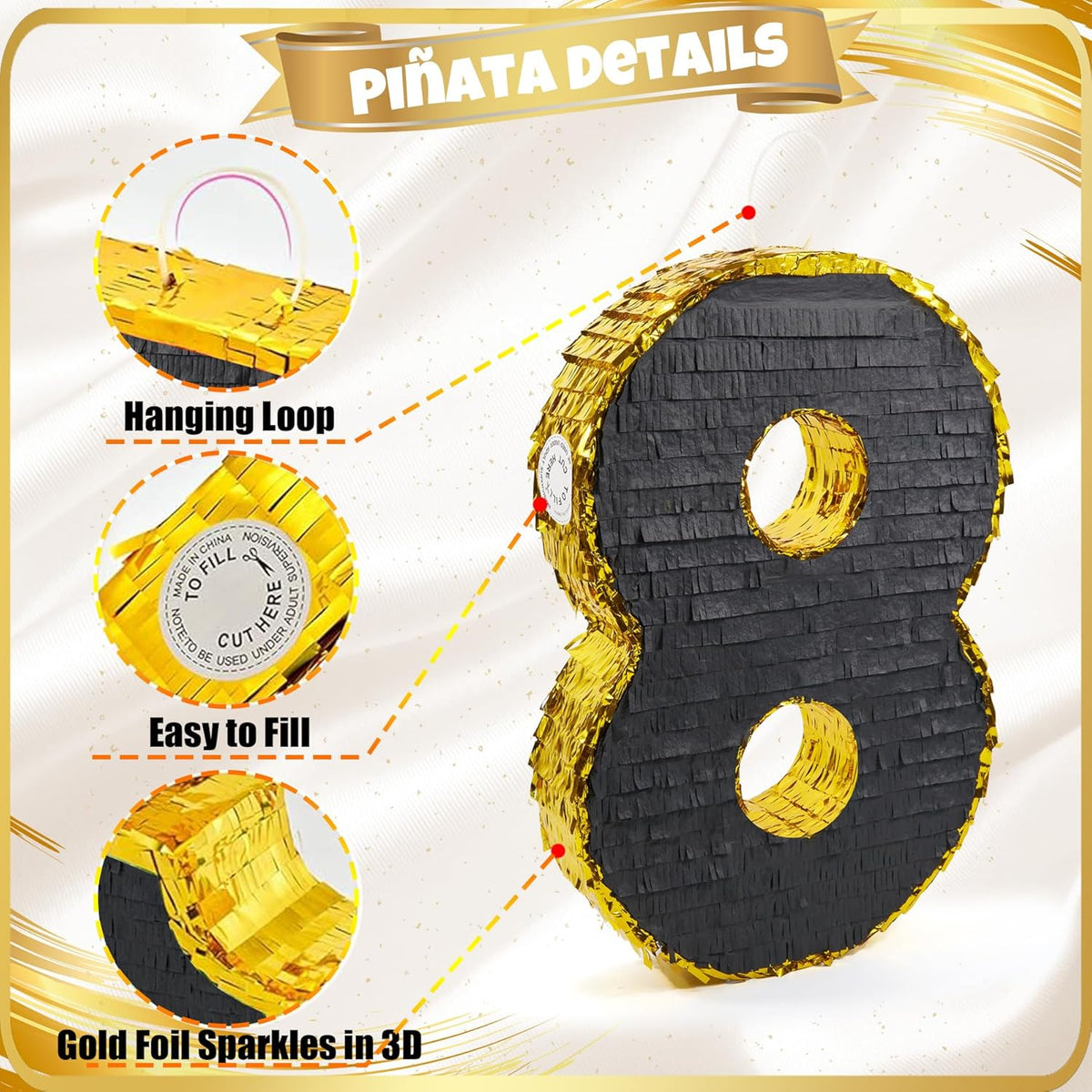 PCFING 20 Inch Number 8 Piñata Gold Black with 30 Inch Piñata Stick Blindfold Confetti for Man