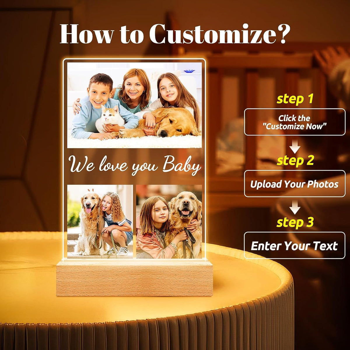 Custom Collage Picture Frames with Photos, Personalized Photo Frame with Night Light, Customized