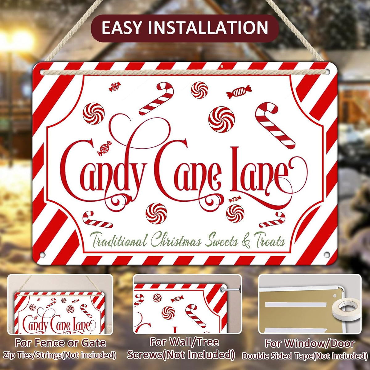 Christmas Candy Cane Lane Metal Tin Sign Traditional Christmas Sweets and Treats Winter Sign for