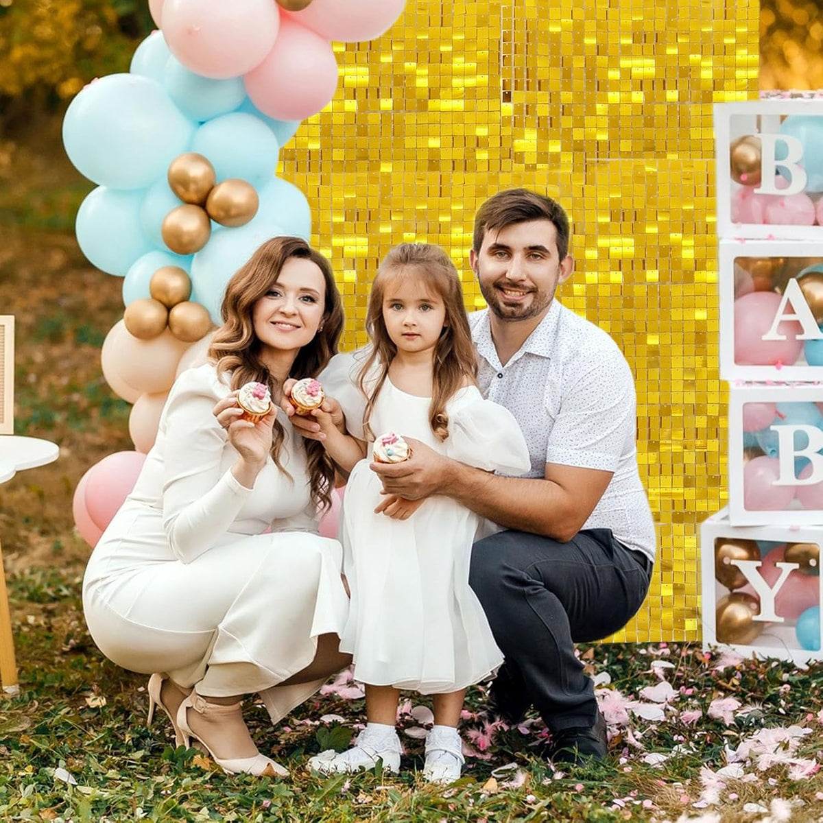24PCS Gold Shimmer Wall Backdrop, Square Sequin Backdrops Panel, Glitter Wall Background for