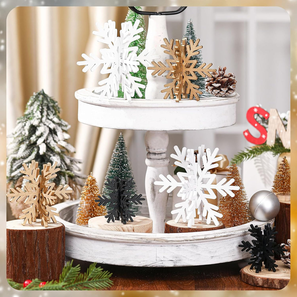 Bucherry 12 Pcs Wooden Snowflake Table Decor 3D Snowflake Tabletop Signs and Centerpiece for