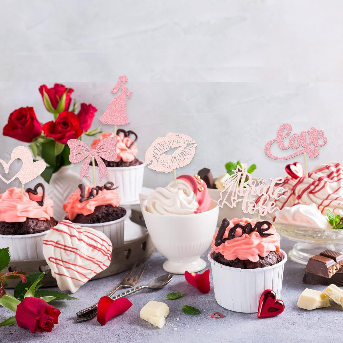 Gyufise 24Pcs Bride to Be Cupcake Toppers Pink Glitter Bow Tie Lip Princess Love Heart Bridal