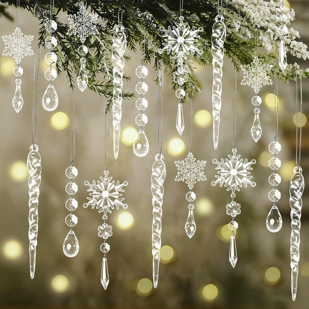 30pcs Christmas Ornaments Set for Tree- Hanging Acrylic Crystal Snowflake Icicle Drop Christmas